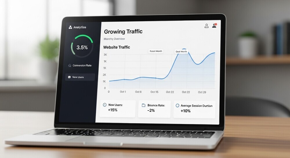 Analytics dashboard mockup on laptop, showing growing traffic chart.