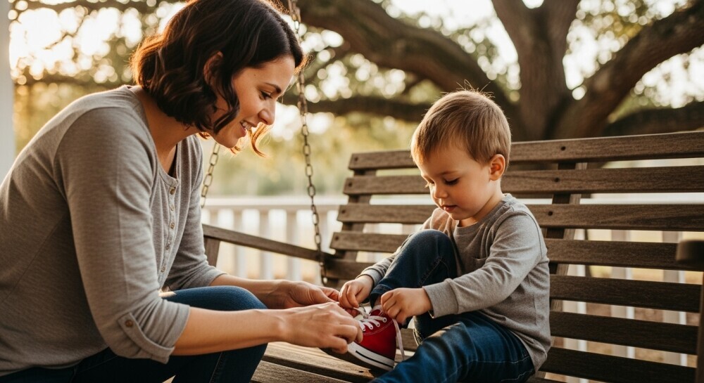 Parent smiling while watching child grow — symbolizing how parenting styles evolve as kids change