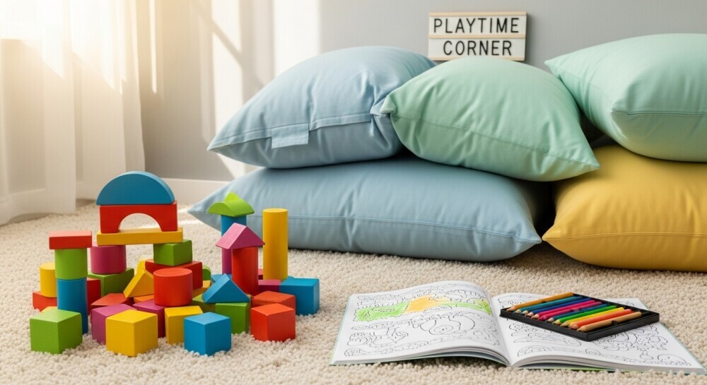 A cozy play corner with blocks, coloring books, and soft pillows in the background