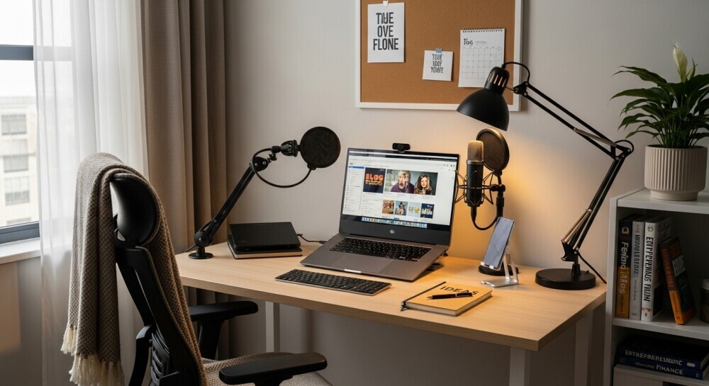 Home workspace setup for blogging and passive income