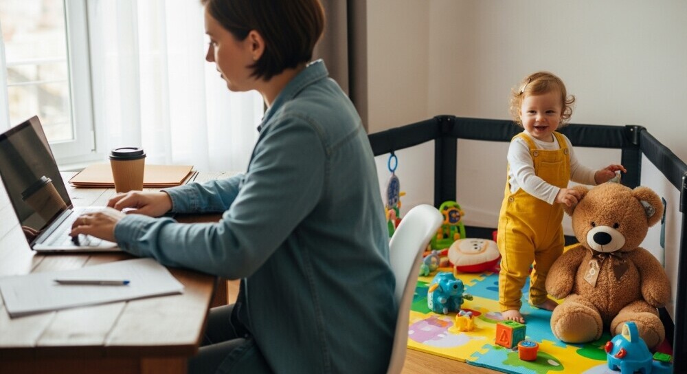 parent at laptop with toddler playing in background safely