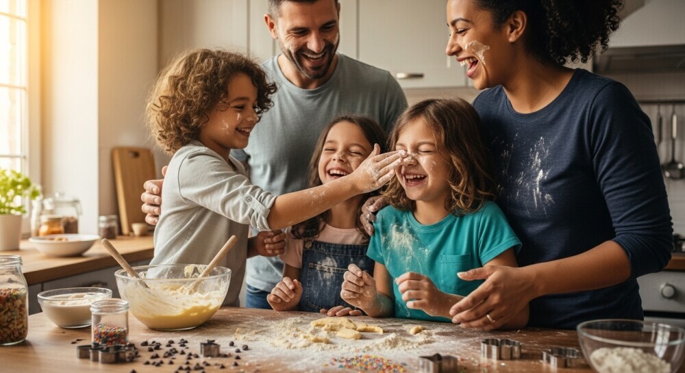 Parent and children enjoying a messy family moment — showing the real side of family life
