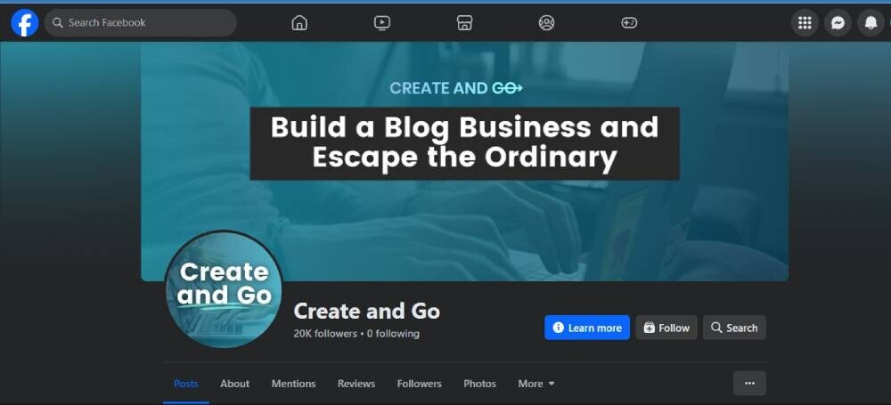 create and go facebook page screenshot