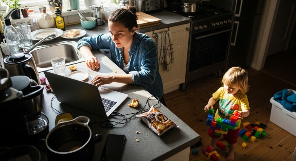 Parent blogger balancing work and family while planning content schedule.