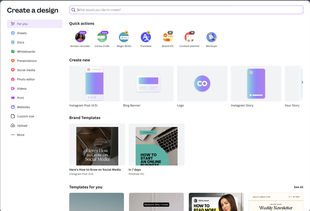 Canva Free dashboard showing available templates and designs.