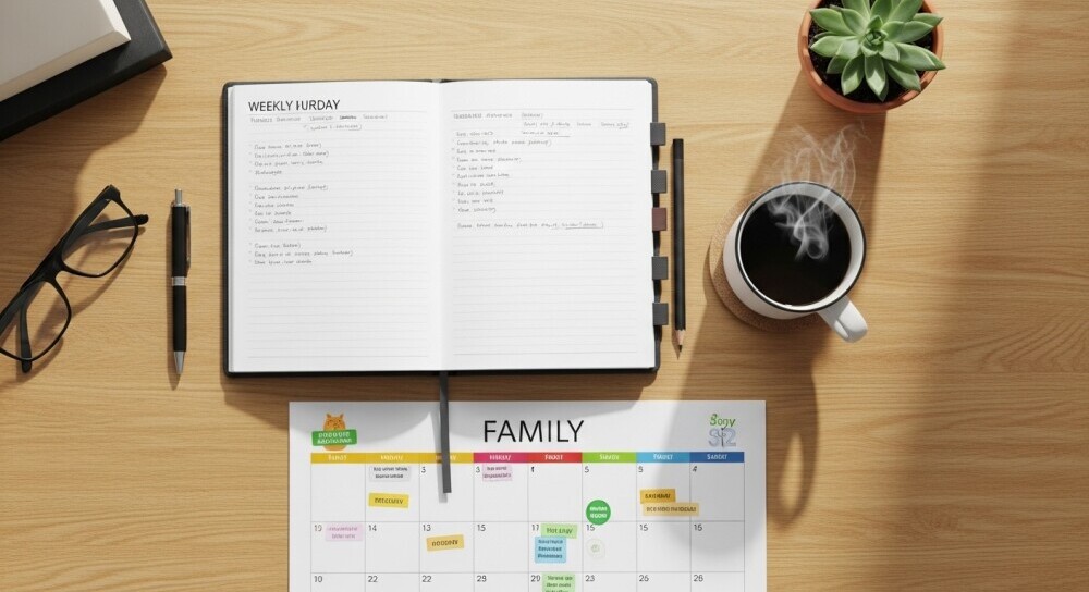 Home workspace with planner and calendar showing how parents plan their blogging time