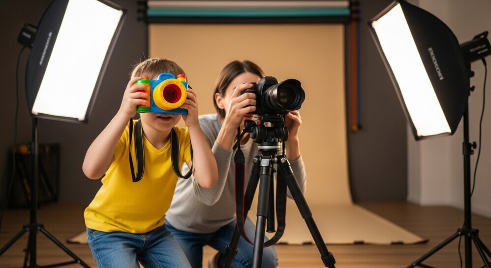 A child holding a toy camera, “taking” their own photos next to a parent’s setup