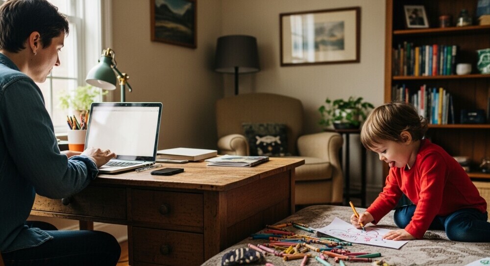 Parent balancing blogging and family time at home