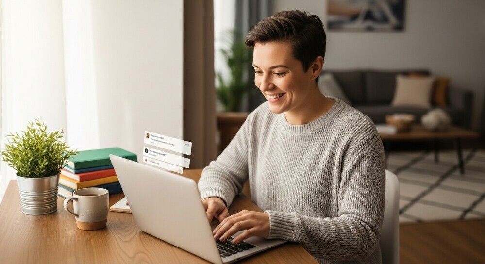 Parent smiling while reading a supportive blog community online.