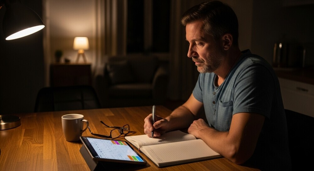 Parent at kitchen table or desk at night with a notebook and tablet, scheduling content.