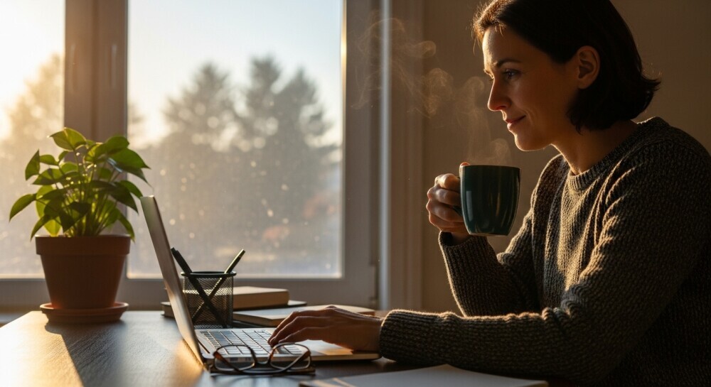 Parent blogger writing during quiet morning time before family wakes.