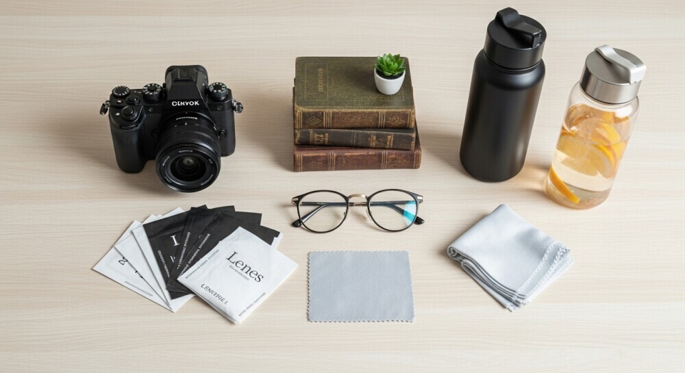 A neatly organized table with camera, props, wipes, and water bottles