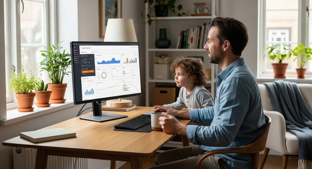 Parent reviewing simple SEO analytics for blog growth