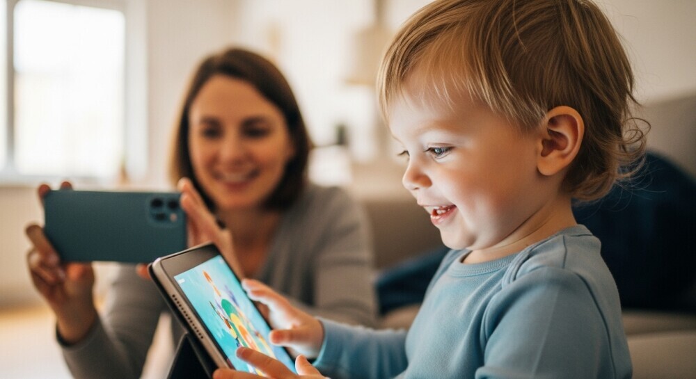 A toddler happily watching a tablet while a parent snaps a photo in the background