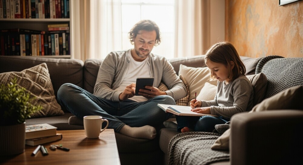 Parent completing small online tasks on a tablet during family time.