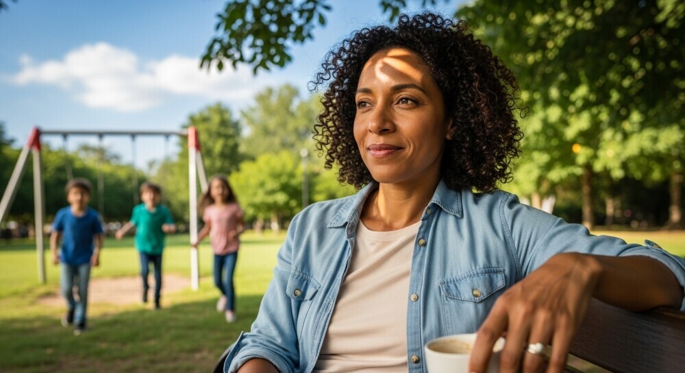 Parent reflecting on family dynamics and parenting approach while kids play