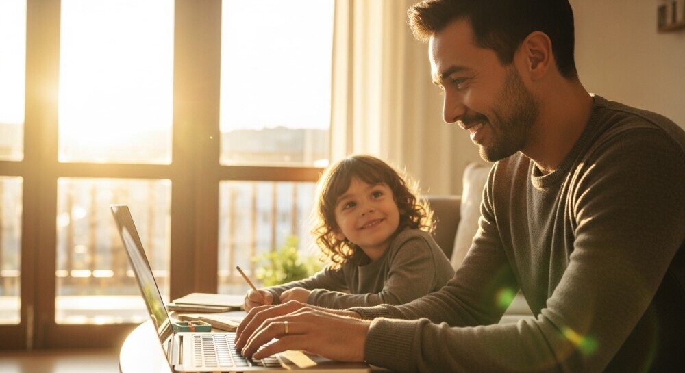 Parent starting a family blog at home while caring for their child.