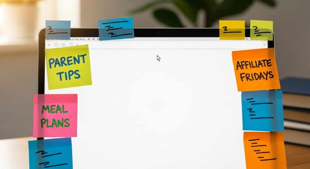 Themed content calendar with post ideas written on colorful notes.