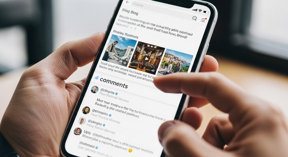 Close-up of hands scrolling a blog on a smartphone, with visible comments and photos.