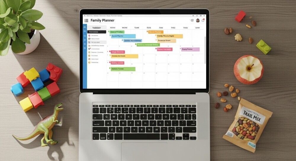 Home workspace with planner and laptop, representing family-friendly work planning.
