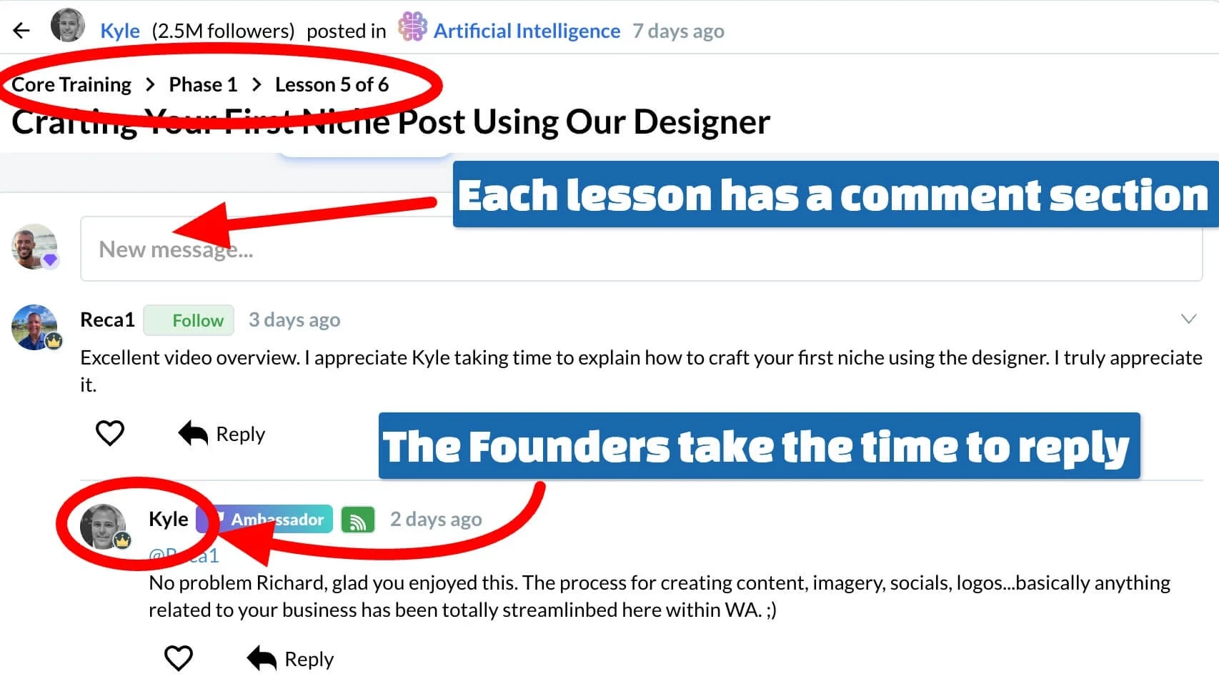 Wealthy Affiliate lesson comments showing member questions and support