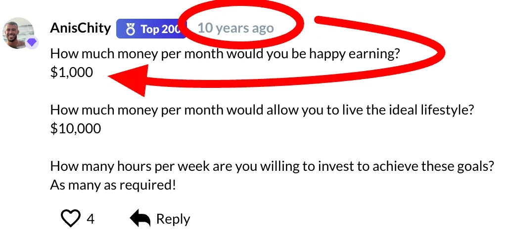 Wealthy Affiliate member profile showing income goal from 2016