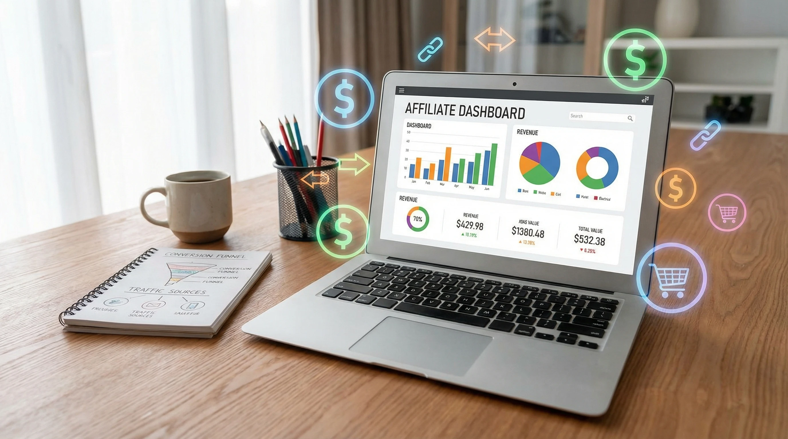 A laptop and notepad with affiliate marketing charts and graphs, surrounded by colorful digital icons, set on a simple desk