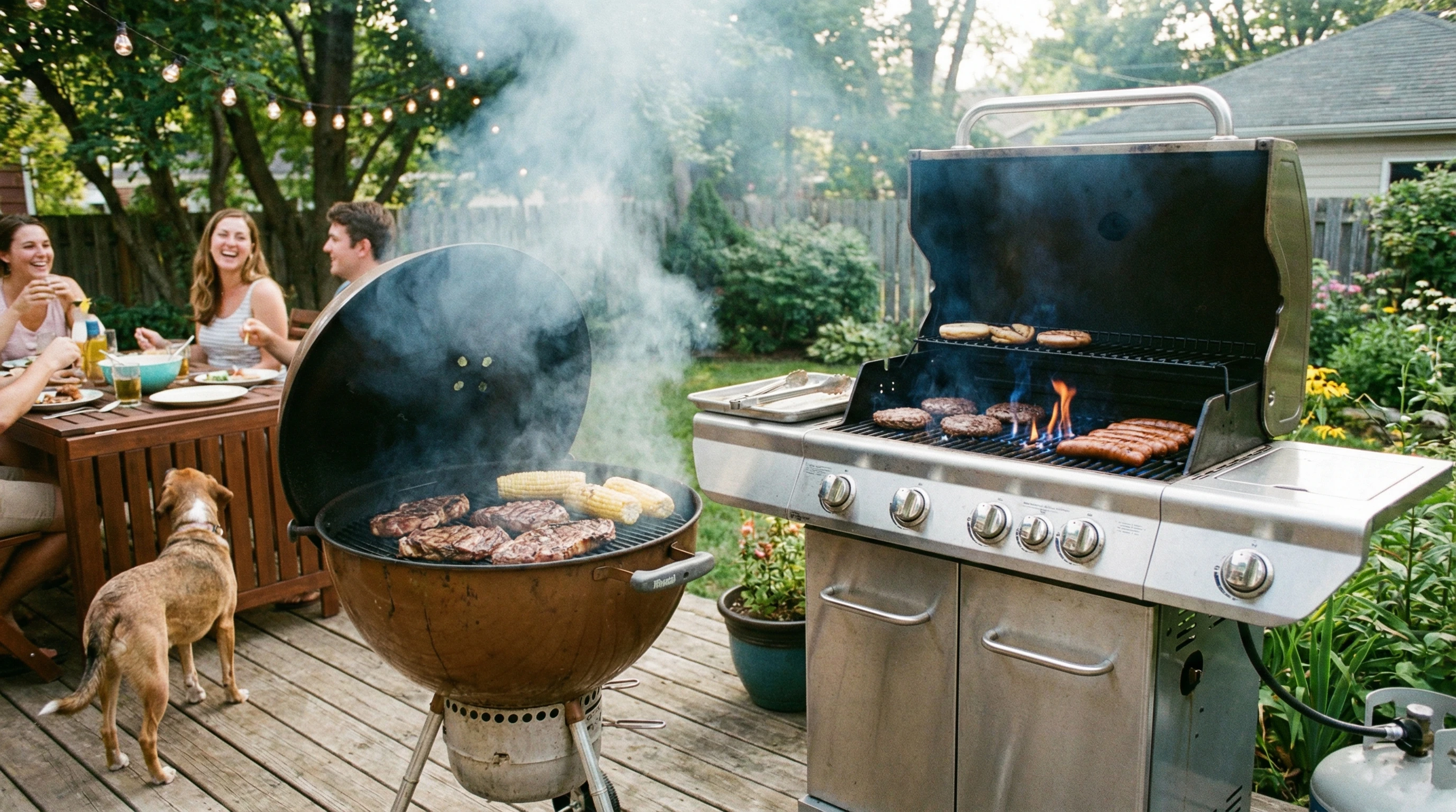 Charcoal and gas BBQ grills side by side, with sizzling food on each grill, featuring colorful flames and smoke
