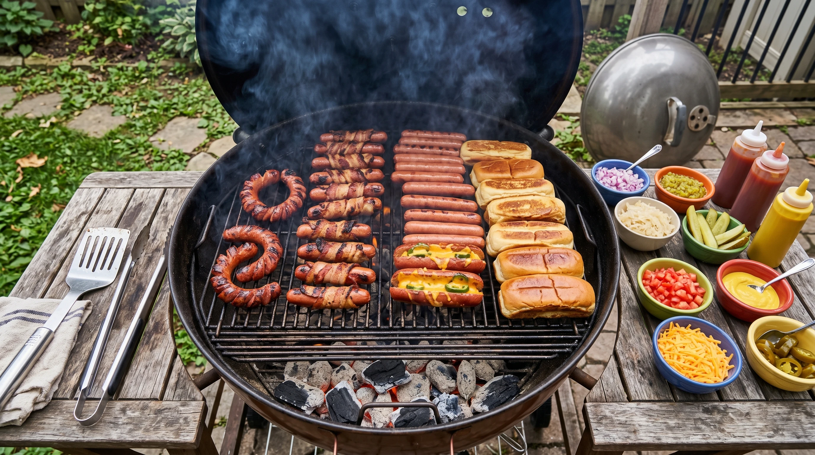 Hot Dogs on a Charcoal Grill with Wood Chips Smoking