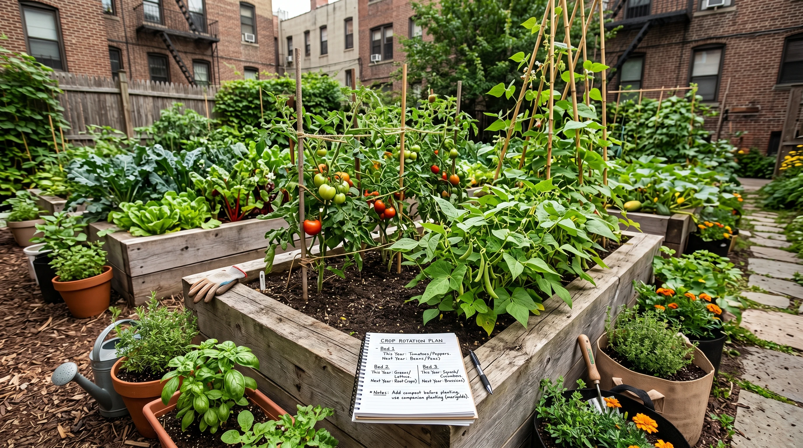 Small urban vegetable garden with raised beds, various crops, and a simple crop rotation plan on a notepad.