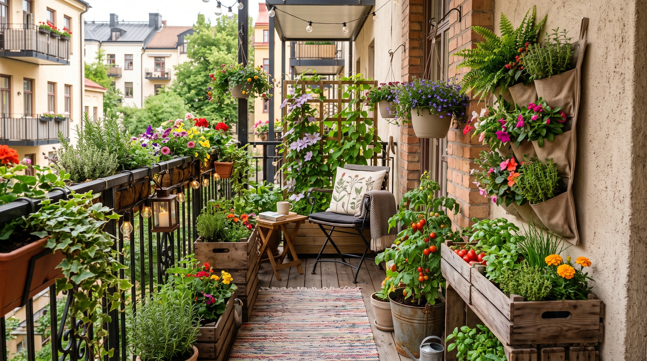 Lush small balcony filled with creative containers, hanging baskets, and vertical planters with green plants and flowers, cozy chair, and string lights.
