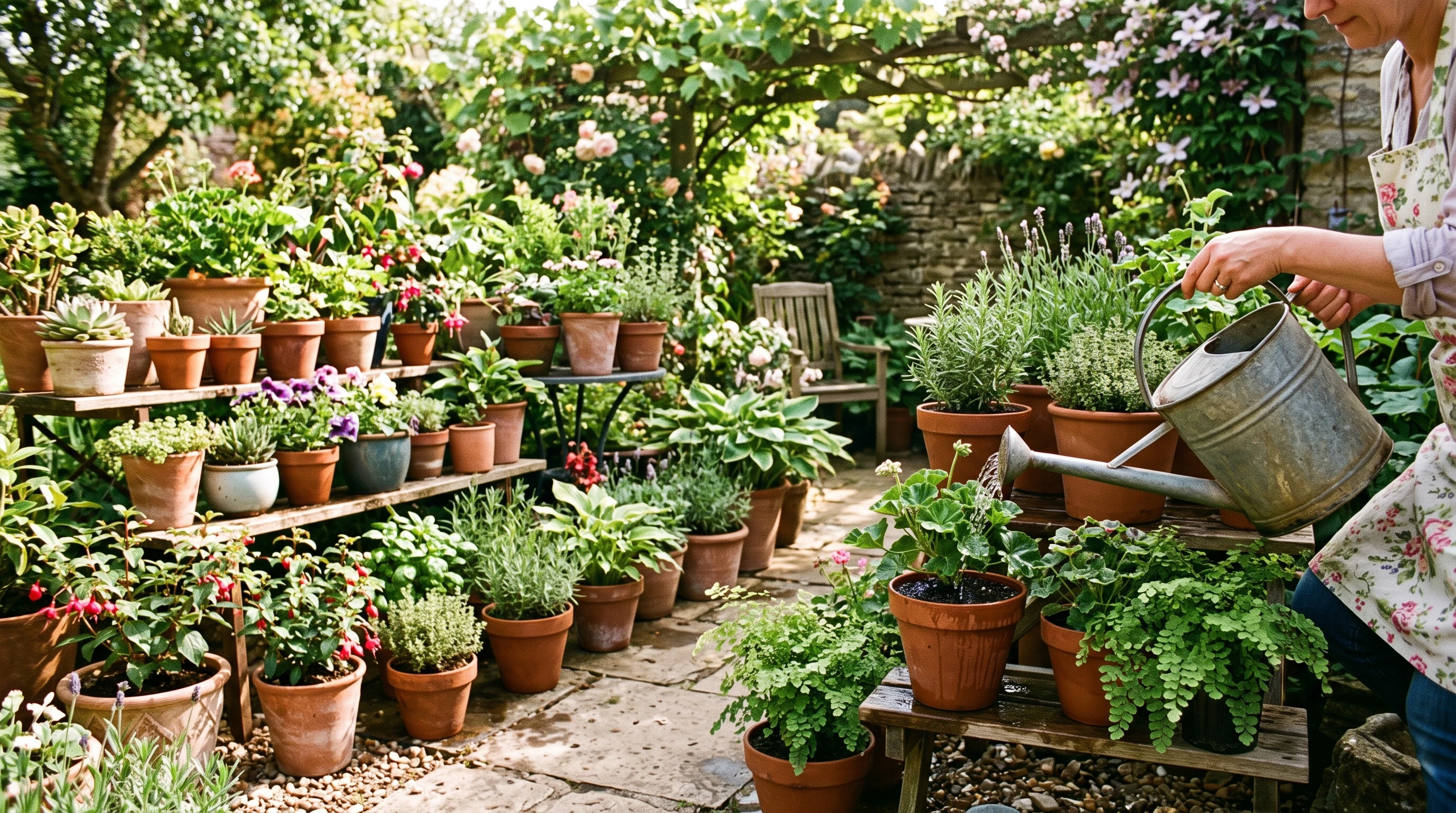 Group of healthy green container plants sitting in an outdoor setting, with visible soil and watering cans nearby.