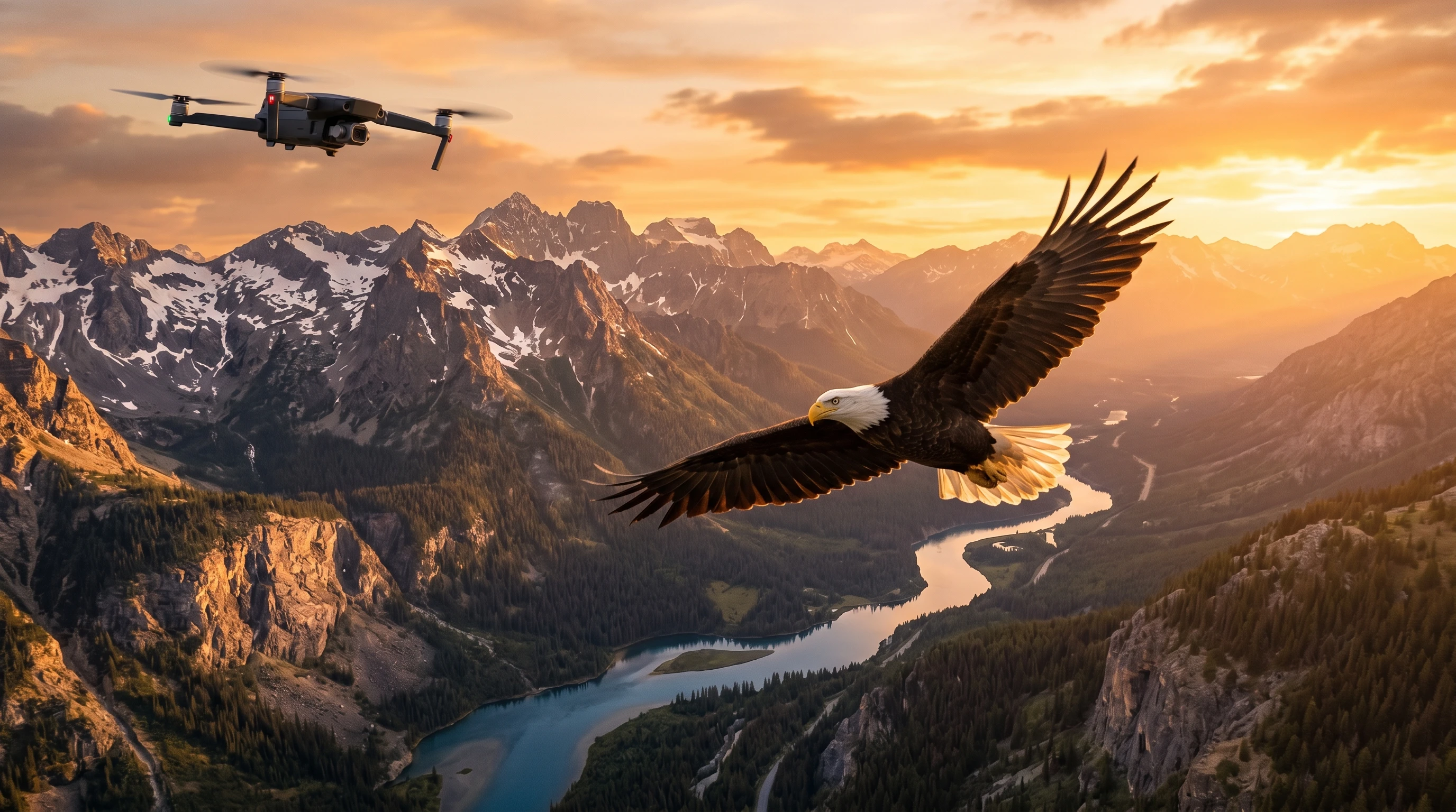 Drone capturing a majestic bird of prey, like a Bald Eagle or a hawk, soaring above dramatic natural scenery at sunrise or sunset; focus on the bird and drone, no humans
