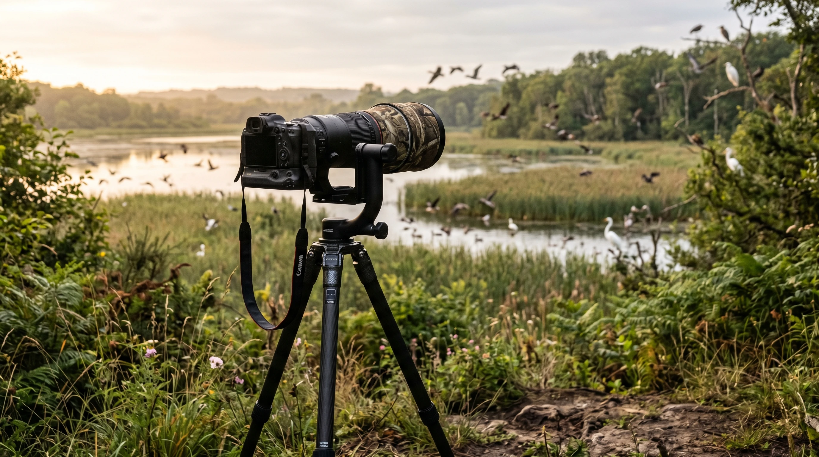 Long telephoto lens beside DSLR, surrounded by birding field guidebooks and a nature background.