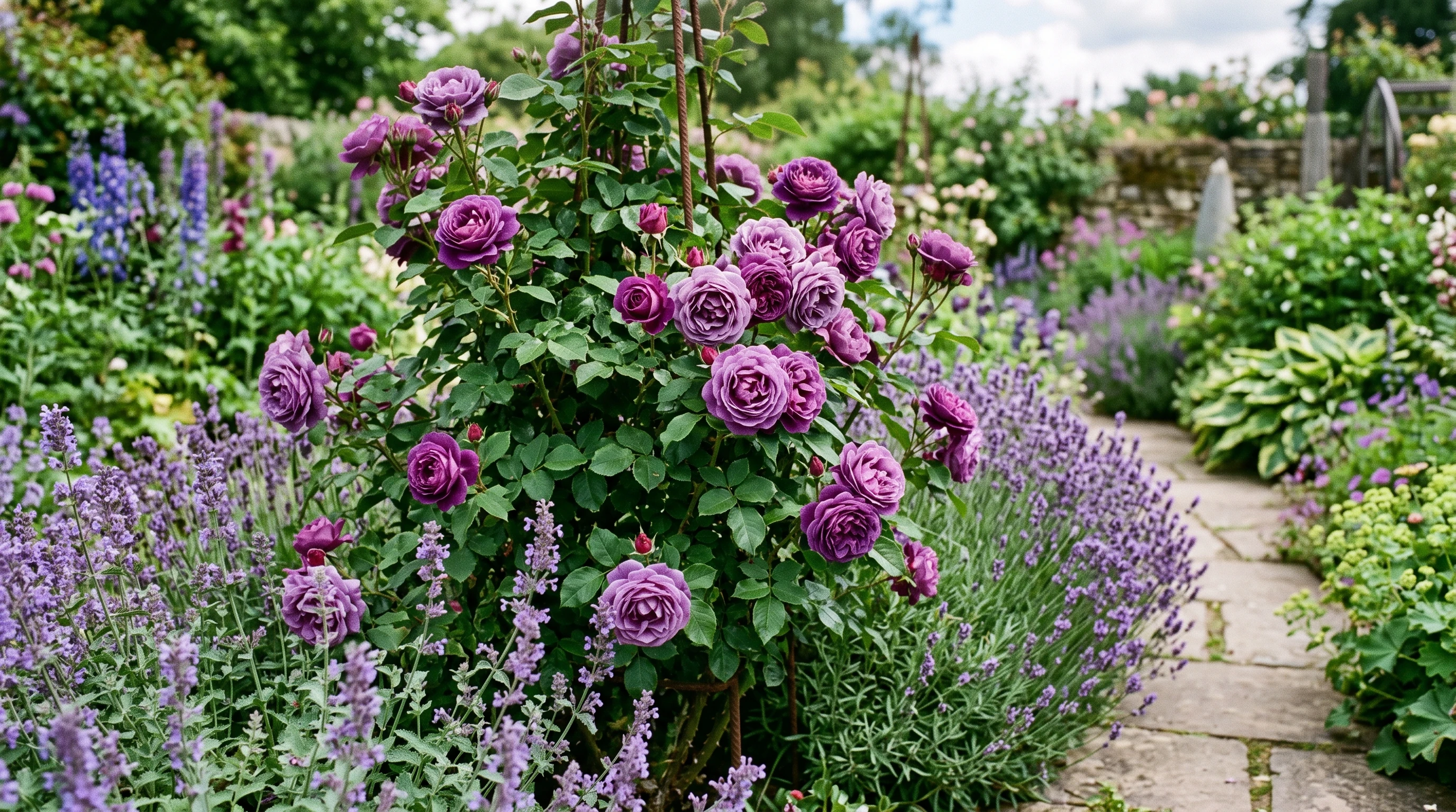 A bush of Fragrant Plum hybrid tea roses blooming in a garden border with deep purple and lavender flowers.