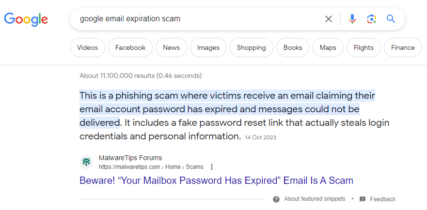 Scam Alert! Google Email Account Password Has Expired