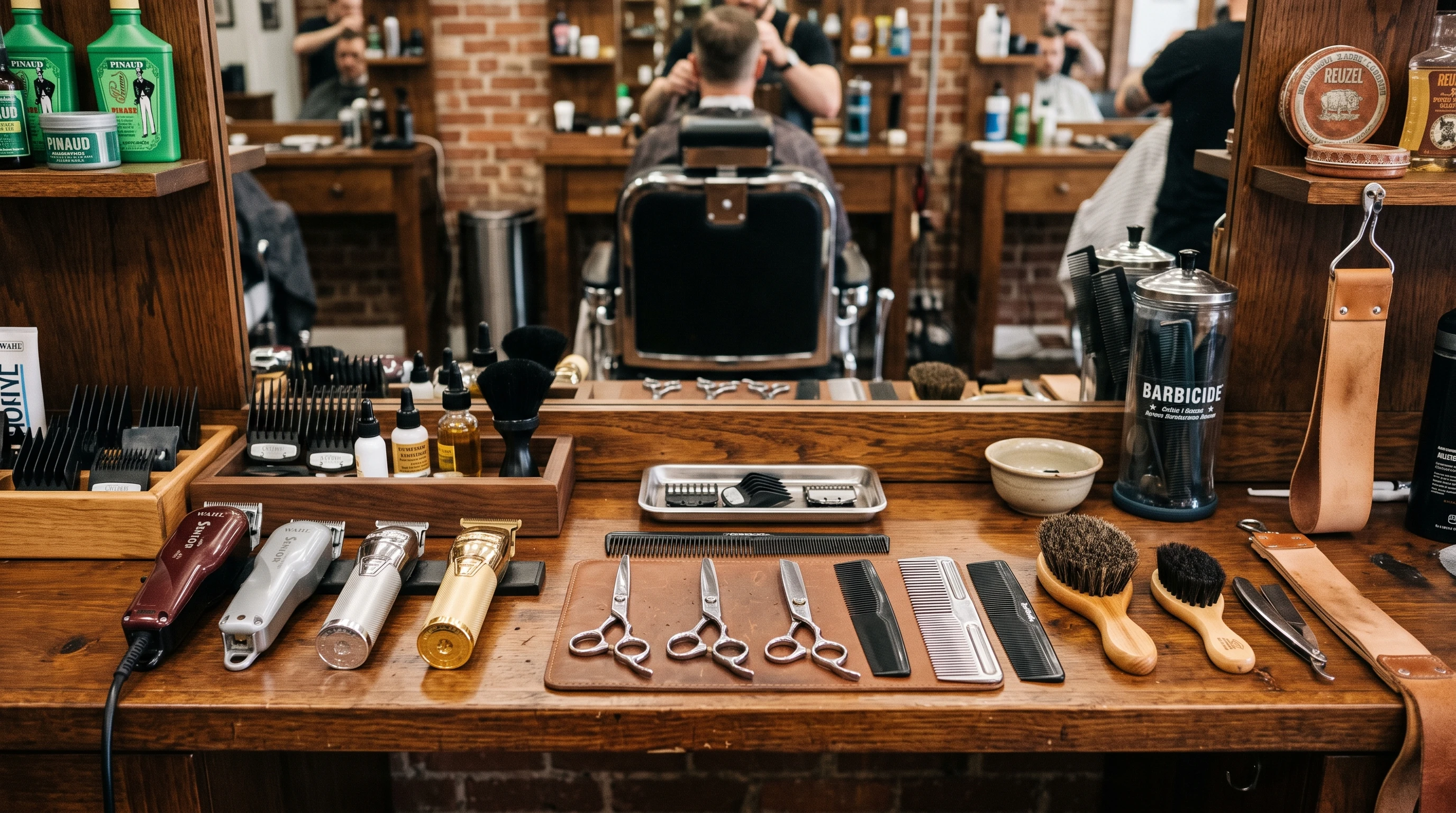 Barber tools laid out on a wooden counter including scissors, clippers, brushes, and combs.