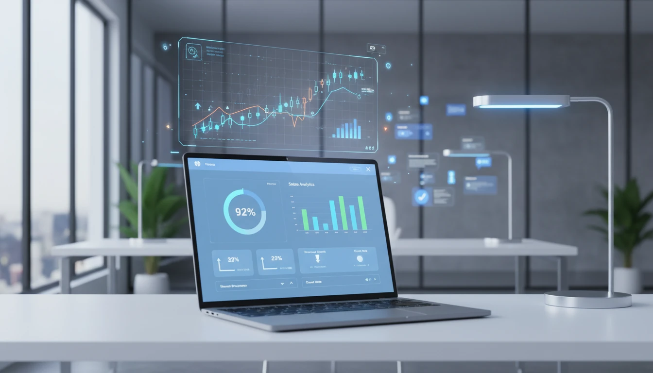 A laptop with various financial dashboards displaying automated online sales and analytics, surrounded by modern minimalist office items. Automated notifications and payment icons are visible on the screen.