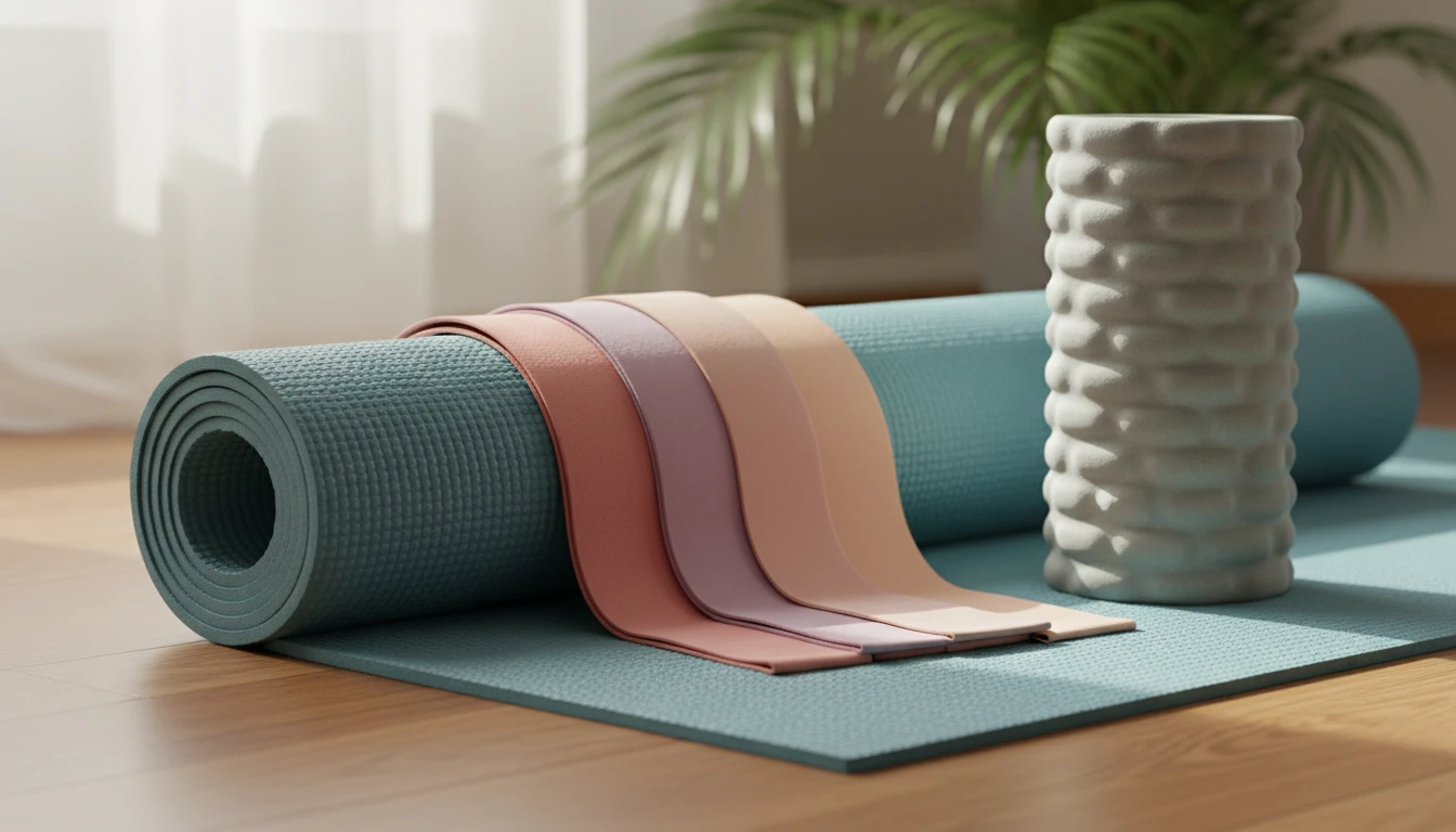A close-up image of a yoga mat, resistance bands, and foam roller neatly arranged on a gym floor, surrounded by daylight streaming in through nearby windows. Soft colors and natural textures are visible, with no humans or text present.