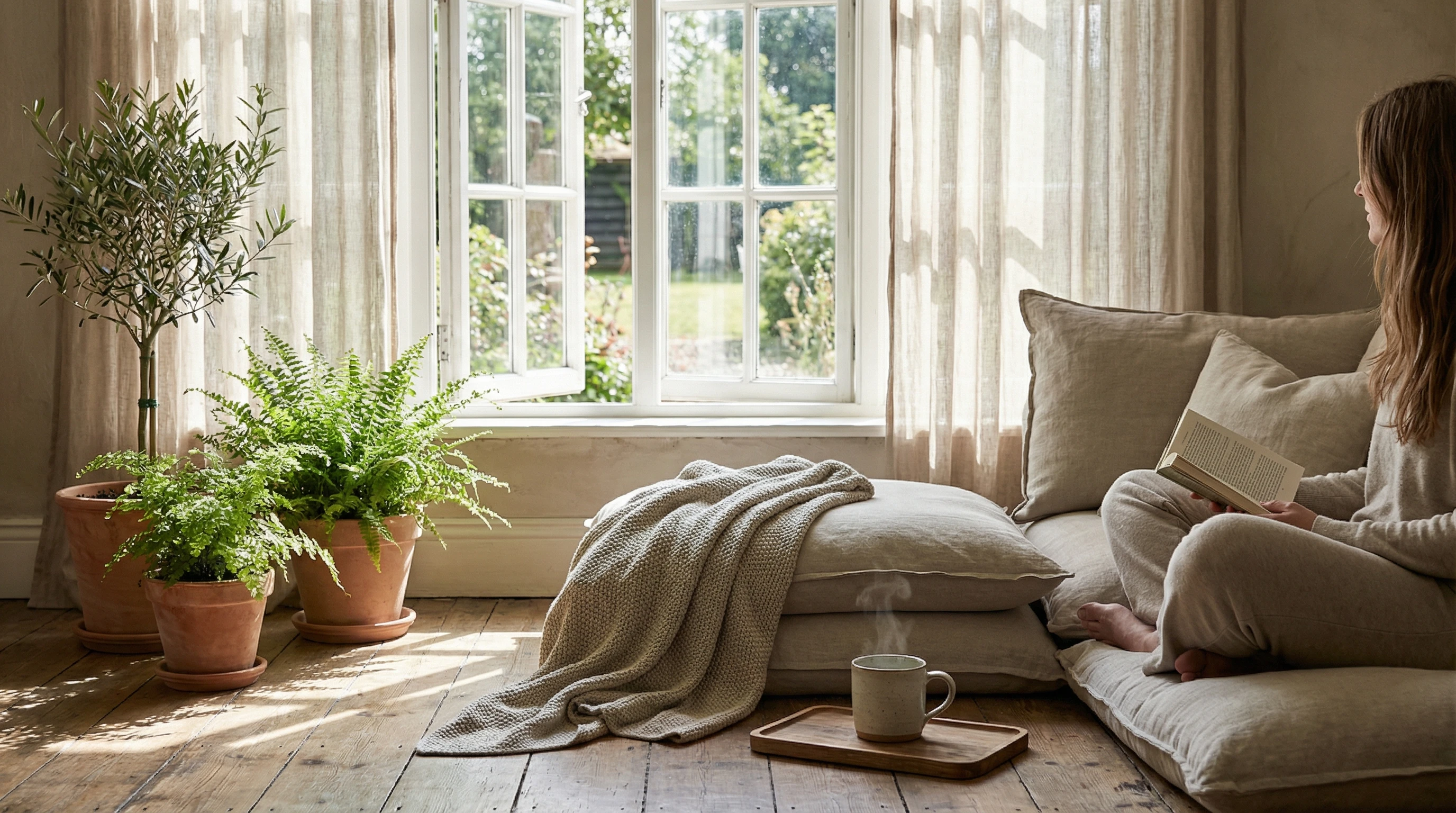 A cozy, serene indoor space with soft natural sunlight, gentle plants, and a simple cushion arrangement on the wooden floor. Peaceful atmosphere with a cup of tea and an open window, suggesting a moment of calm reflection.