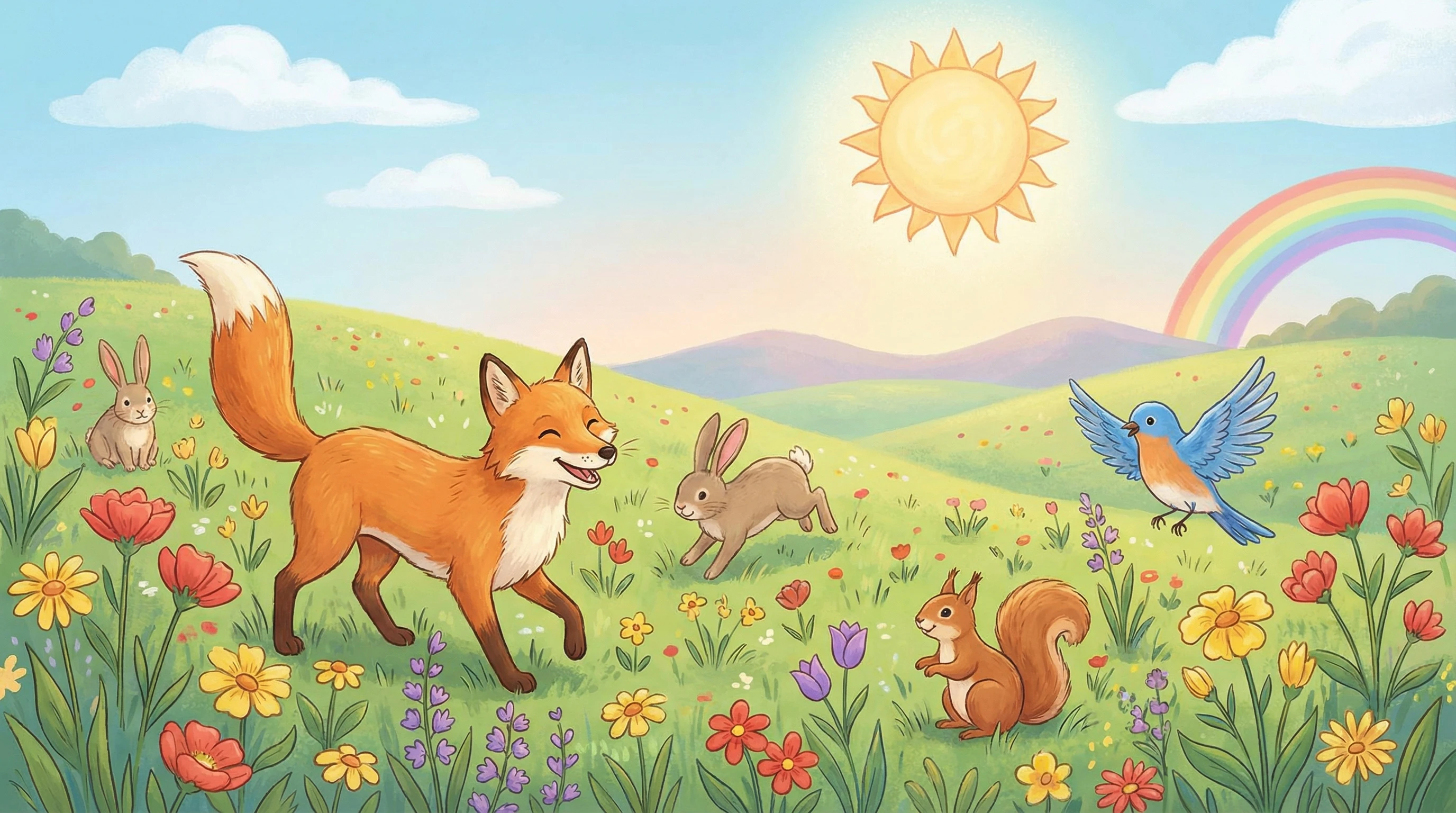 A colorful scene featuring various nature elements, such as bright blue skies, sunshine, green grass, blooming flowers, and a scattering of cheerful animals, designed to represent happiness through nature and pleasant surroundings.