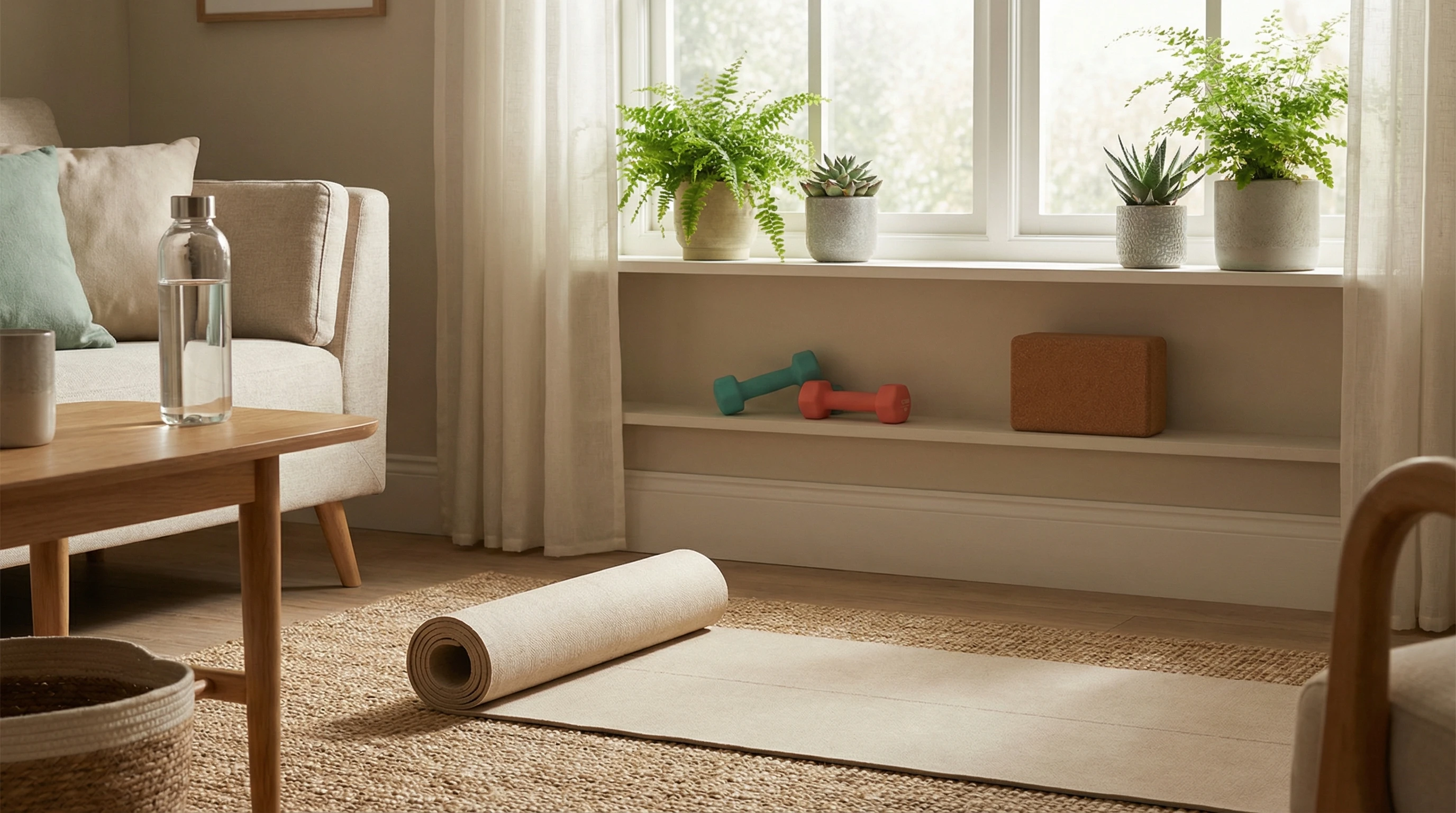 A calming, sunlit living room with a soft exercise mat, water bottle and fresh greenery. Colorful dumbbells and a yoga block are nearby, but no humans are present. The setting looks peaceful and inviting for a fitness session.