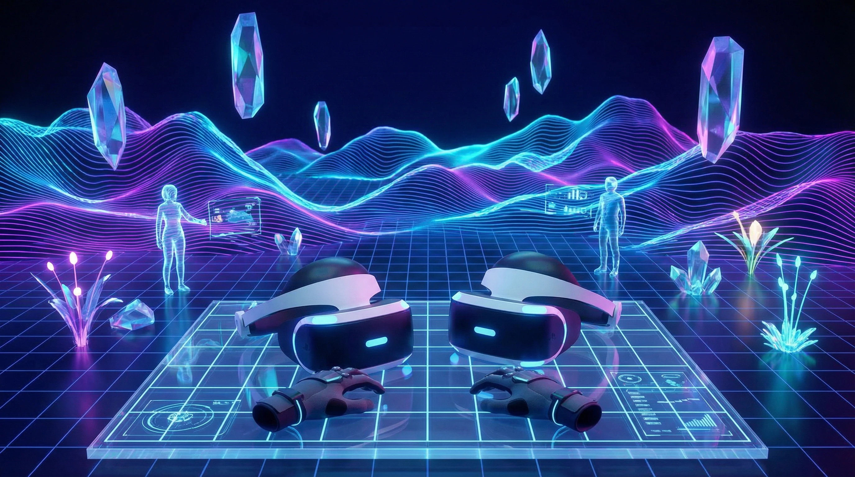 A futuristic view of a virtual reality gaming world, with glowing landscapes and next-generation VR headsets and controllers positioned on a digital grid. Virtual objects and interactive environmental features are visible, suggesting immersion and interactivity.