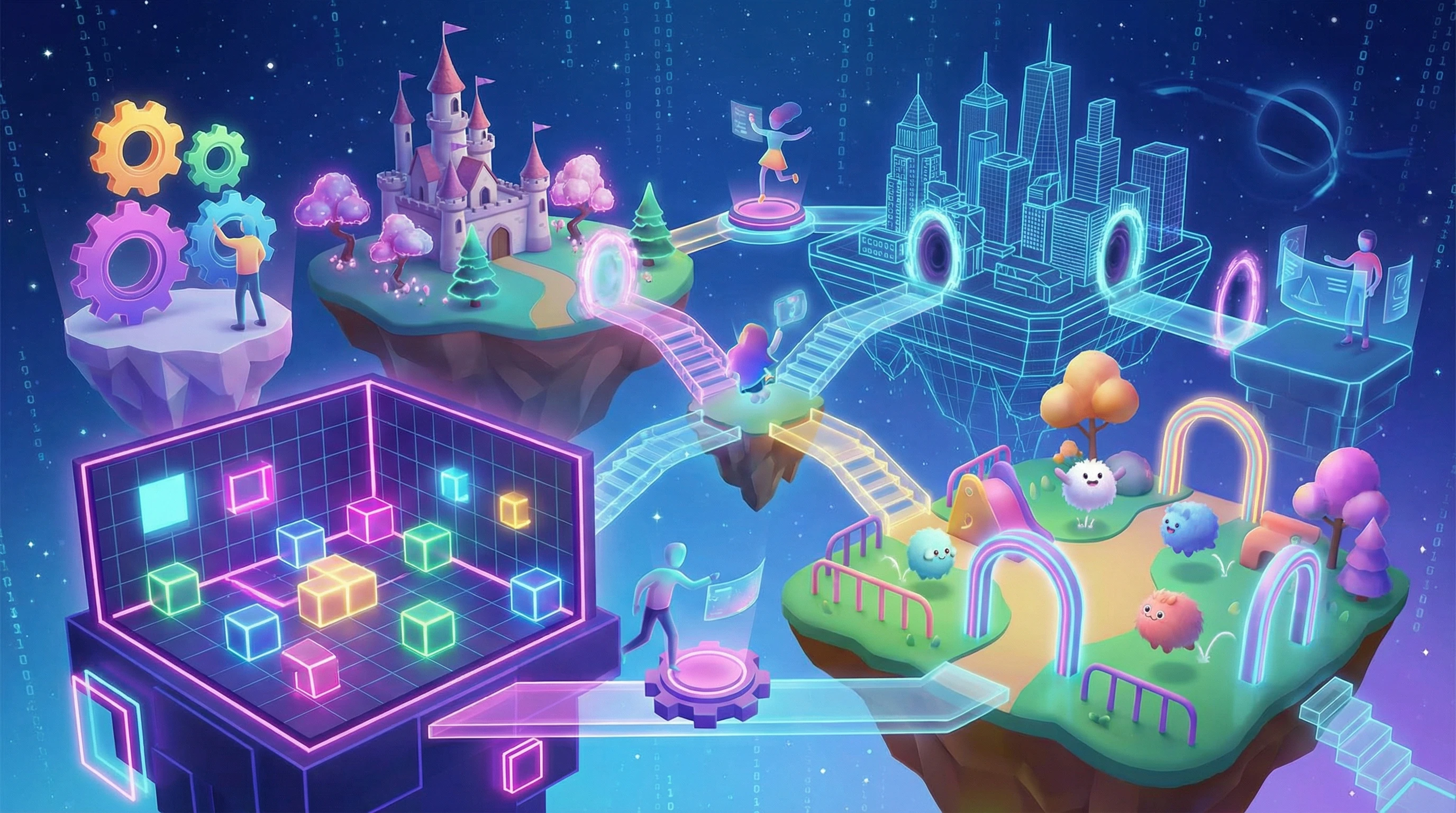 A vibrant digital landscape showcasing various VR game worlds, with floating islands, cute creatures, and interactive objects scattered throughout a 3D space. A range of environments from simple puzzle rooms to creative playgrounds can be seen.