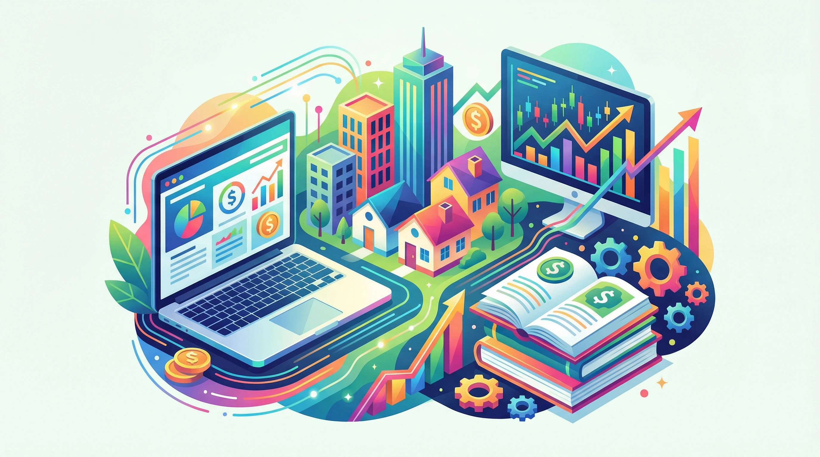 A collection of various passive income symbols and online assets such as a website, savings, real estate, and investments, illustrated as interconnected icons, with subtle lighting highlighting the digital nature.