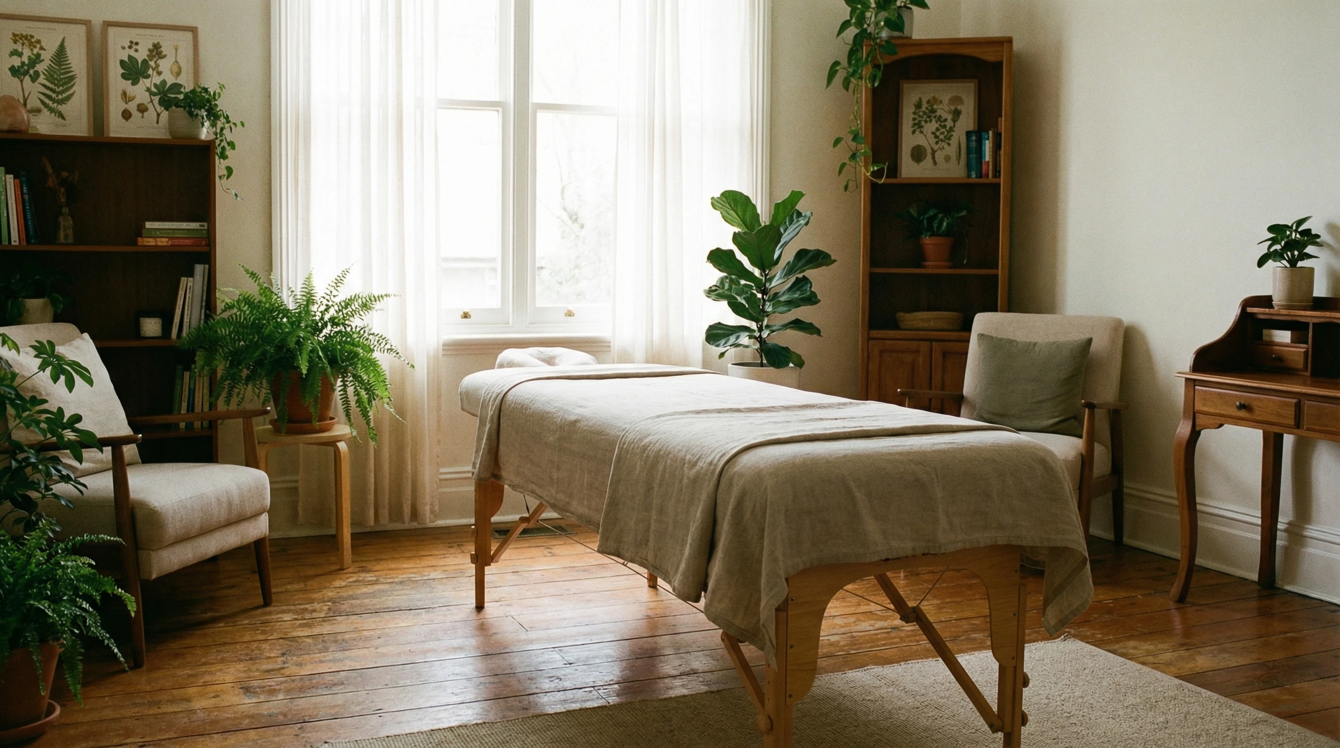 A calm, inviting osteopathic clinic room with a treatment table, plants, and soft lighting