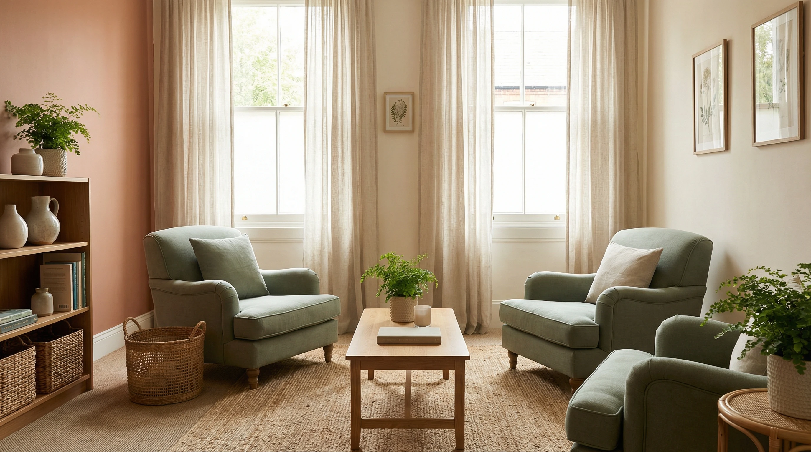A tranquil therapy room with soft natural lighting, comfortable chairs, and calm earth-tone decor.