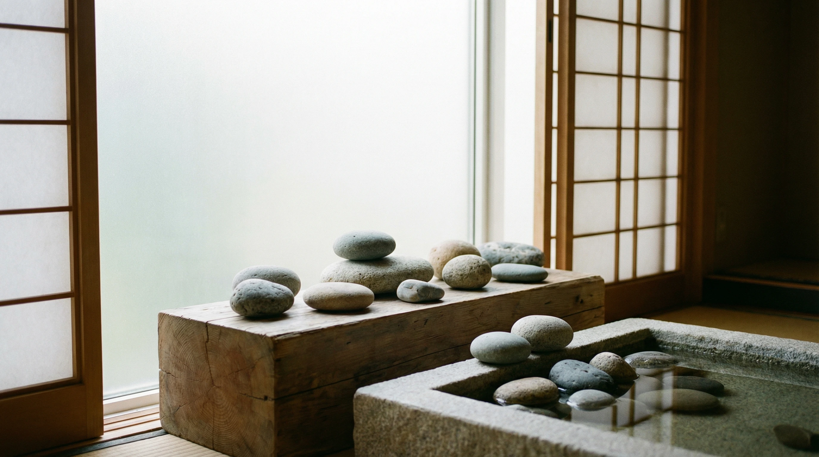 A tranquil scene with smooth river stones and soft natural light suggestive of peaceful meditation.