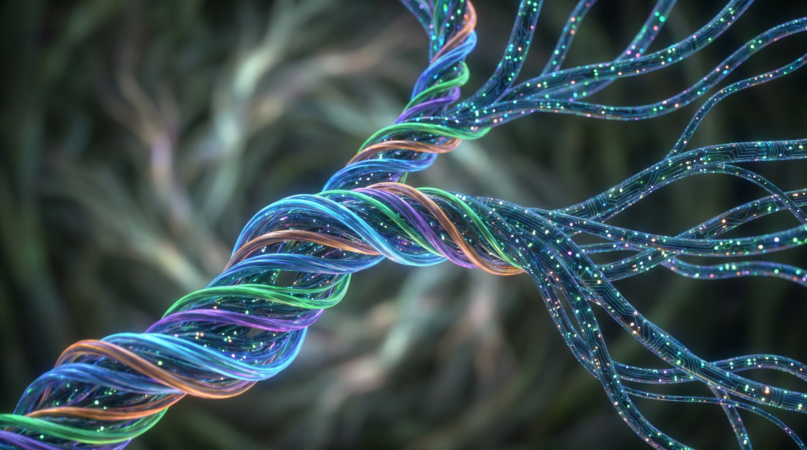 Abstract representation of genetic code blending with neural pathways.