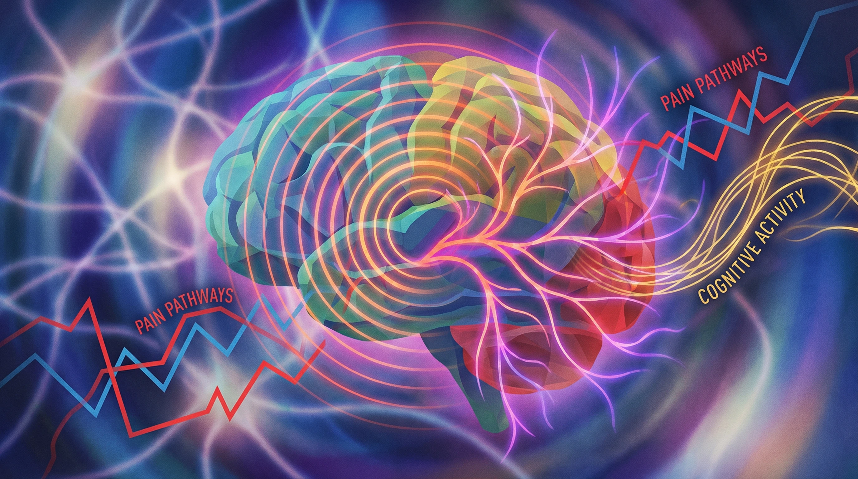 Abstract illustration: a human brain with colorful overlays, radiating patterns symbolizing cognitive activity and pain pathways, set over a blurred blue and purple background with neural connections.